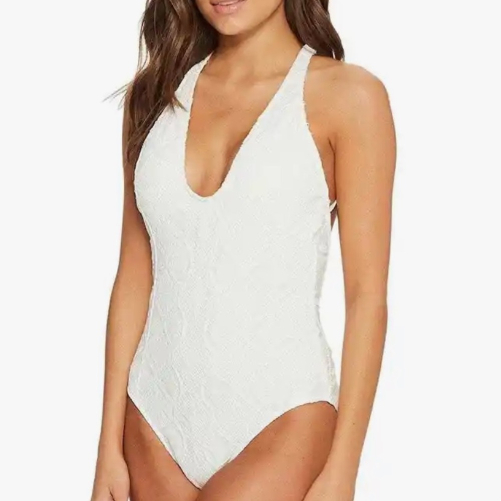 NWT Polo Ralph Lauren Womens Crochet Swimsuit Plunge One-Piece White Size M